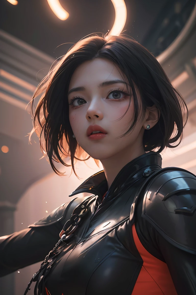 ((masterpiece, best quality)), ultra detailed 8k, photorealistic, sharp focus, highly detailed, professional lighting , shadowmancer, photo of a woman, ink particle, ((swirling black ink floating around)), futuristic fantasy, futuristic black dress, dynamic pose, realistic, masterpiece, intricate details, detailed background, depth of field, 