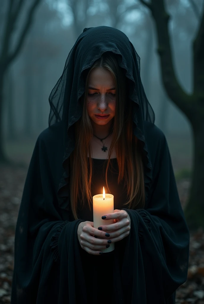 girl's ghost crying in pain, black color, holding candle, face and hands