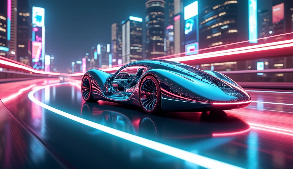 Infinity Loop: A car shaped like a smooth, continuous Möbius strip, with no clear front or back, creating a sense of perpetual motion. The vehicle’s surface is a glossy, metallic silver that seamlessly blends into itself, reflecting the vibrant lights of a futuristic city as it moves. The car’s interior is visible through transparent sections, revealing advanced technology and a minimalistic design. It glides effortlessly along a high-tech highway, its shape creating an illusion of endless travel. [Hyperrealistic digital art, inspired by mathematical forms and modern architecture], [Nighttime cityscape, glowing lighting, focus on the car’s unique looped structure, sharp details].