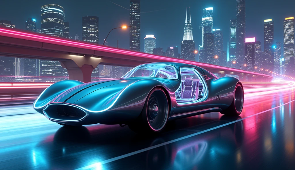 Infinity Loop: A car shaped like a smooth, continuous Möbius strip, with no clear front or back, creating a sense of perpetual motion. The vehicle’s surface is a glossy, metallic silver that seamlessly blends into itself, reflecting the vibrant lights of a futuristic city as it moves. The car’s interior is visible through transparent sections, revealing advanced technology and a minimalistic design. It glides effortlessly along a high-tech highway, its shape creating an illusion of endless travel. [Hyperrealistic digital art, inspired by mathematical forms and modern architecture], [Nighttime cityscape, glowing lighting, focus on the car’s unique looped structure, sharp details].