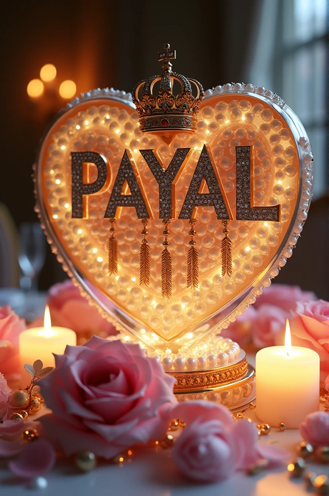 A 3D image featuring the name ‘PAYAL’ in a luxurious style, replacing the letter ‘PAYAL’. The name is embellished with sparkling diamonds and gold, with a crown and wings to signify royalty and elegance. The text is set on a heart-shaped background within a glass box adorned with pearls and beads. The setting includes soft-focus candles and delicate roses, with a romantic and opulent ambiance.”