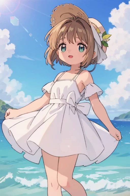 High resolution backgrounds,Beautiful background,anime, cute,Midsummer Beach,Cumulonimbus clouds floating on the horizon,Reflective and sparkling sea surface,,A white summer dress with only straps on the shoulders,Chestnut Hair,Short Bob Hair,barefoot,Happy expression,White straw hat,Lens flare,Skirt fluttering in the wind,Angle of upper body up