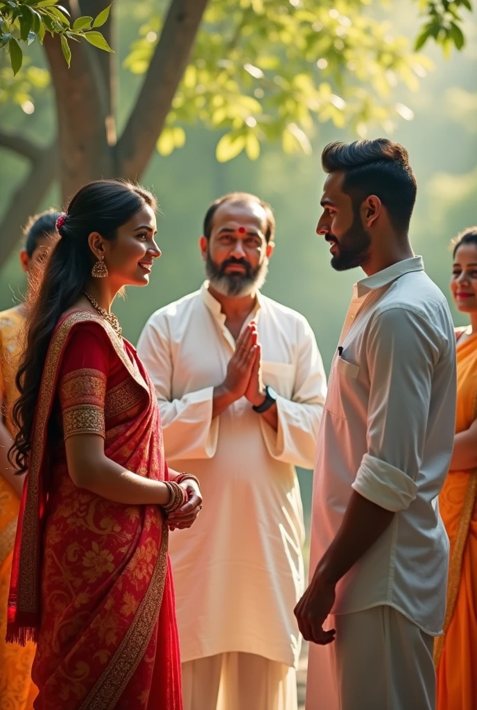 A man and a woman (she is wearing a saree) are standing. In front of them a man in white clothes is standing and folding his hands. There are three or four more people around that man.