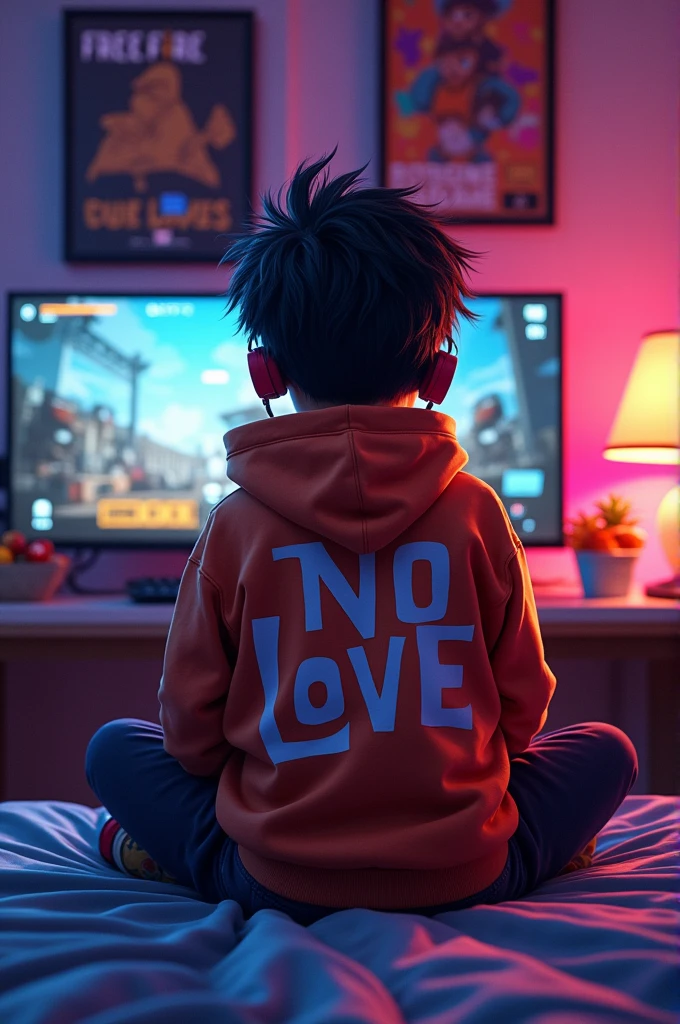 Give me a picture of a boy who play free fire and he wearing a cloth which is written No Love 