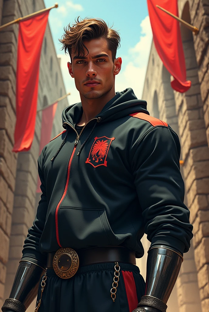 a knight wearing Palm Angel clothing for going to the gym extending his arm with a medallion hanging from it,medieval style drawing ode