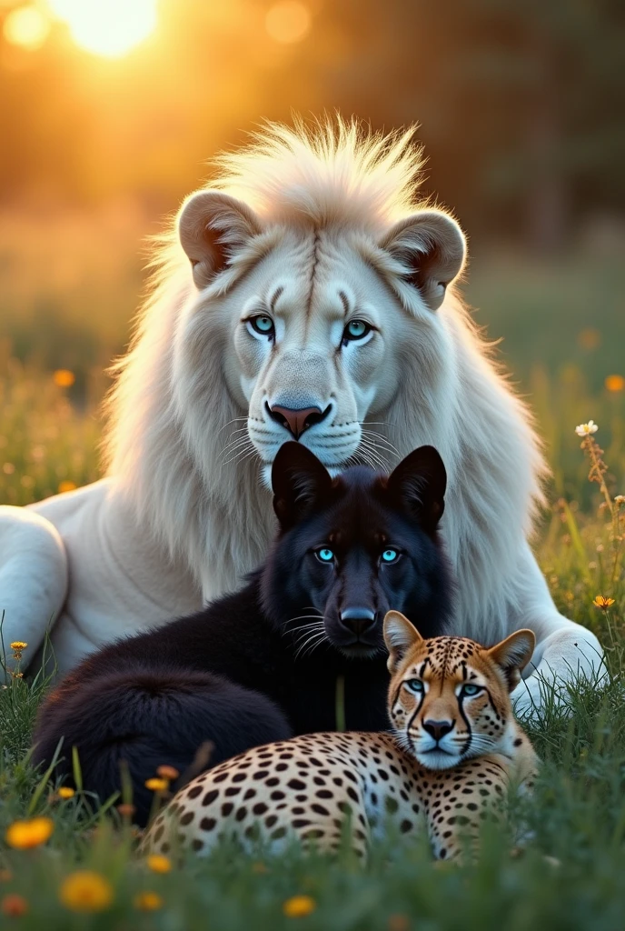 white lion with blue eyes, blue-eyed jaguar, black wolf with blue eyes, and aquamarine-eyed cheetah, everyone lying together 