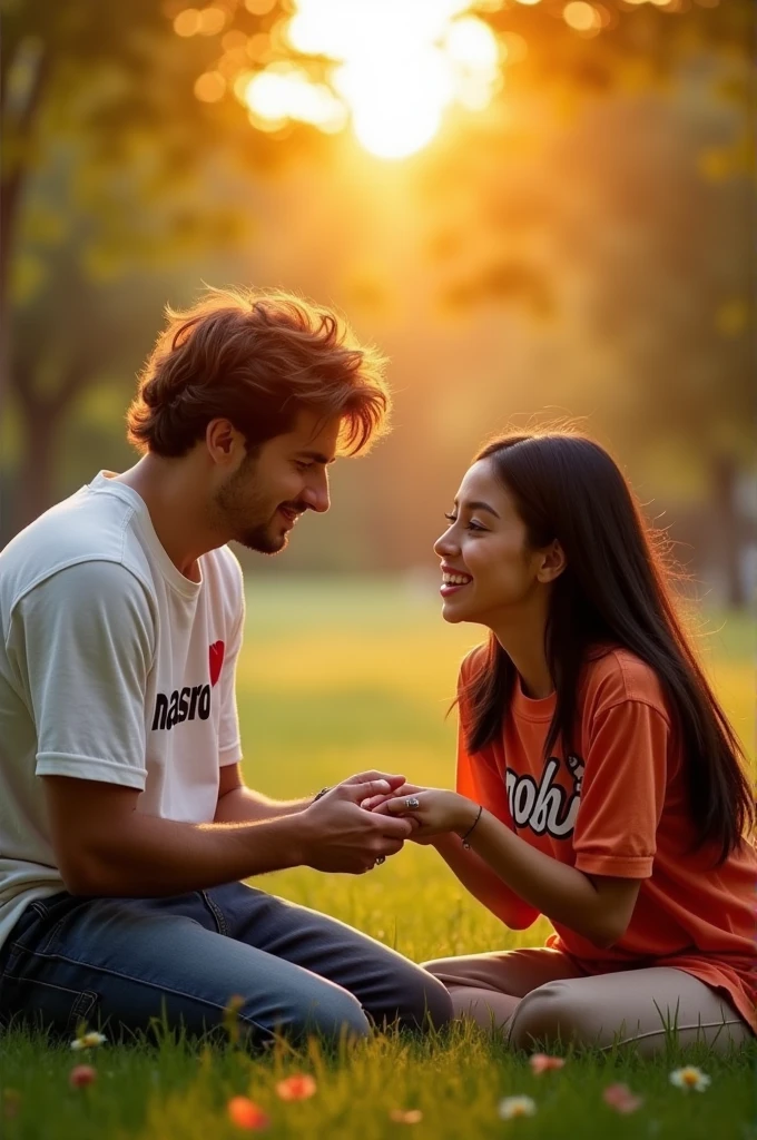 Create a man wearing a shirt that says 'nasro' sitting on his knees, proposing marriage to a girl wearing a shirt that says 'rokia'.