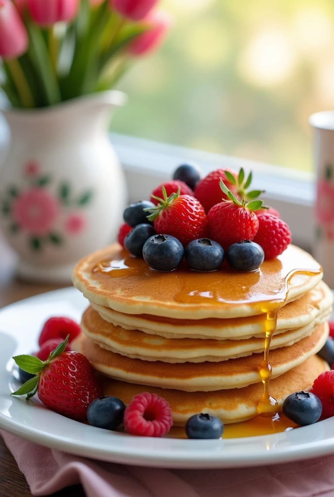 Pancakes on a plate with berries on top and honey