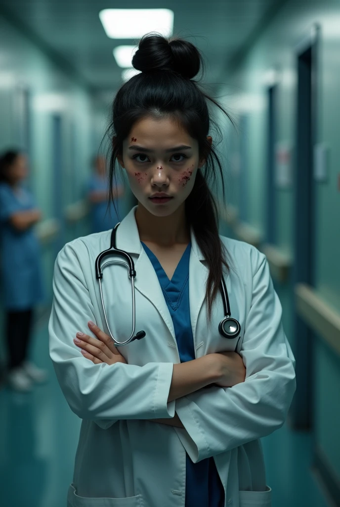 A young  lady doctor with stathoscope crying and her face is scratch se 