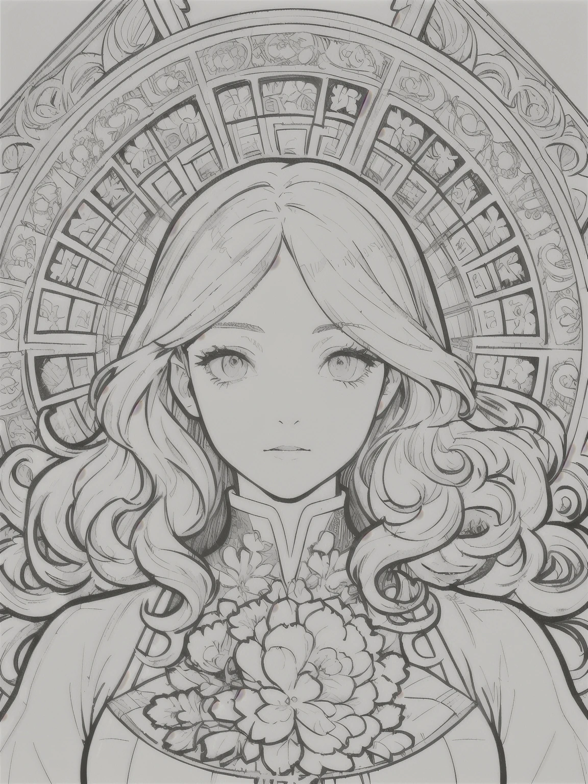 European woman face portrait、Long Curly Hair、blonde、Floral frame、Decorative panel、Abstract Art of Alphonse Mucha、sketch、Character Line、Scenes without color or shadows。 (masterpiece、Highest quality、High resolution:1.4)、detailed、複雑なdetailed、4K、Splashes of color、Line art、Fibonacci、