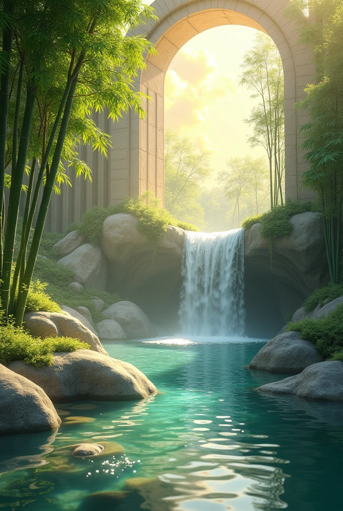 Waterfall basin　bamboo　Golden Cloud　near　window　Fewer rocks　Fantasy　null