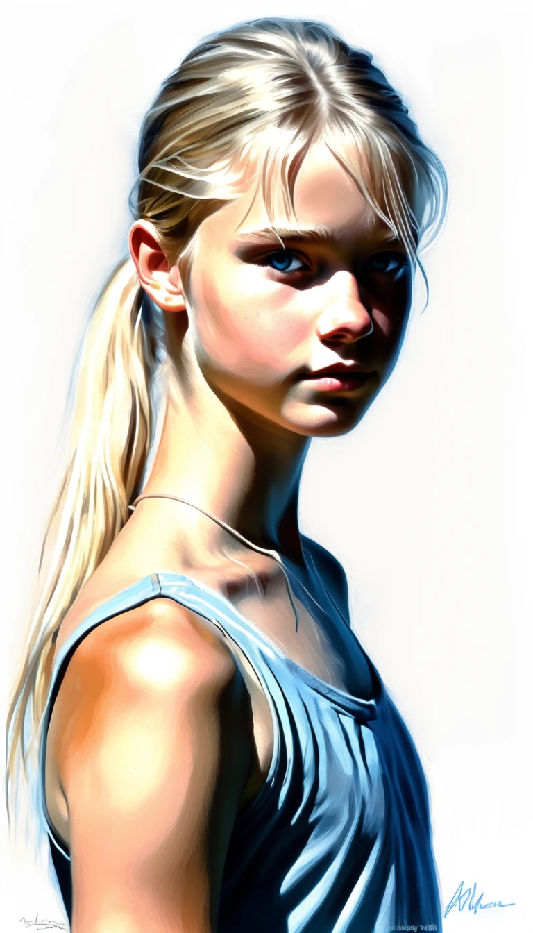 Illustrated movie poster, hand drawn, full color, Young Norwegian viking teenager, , skinny body, , Shy face, thin face, naked, Light blond, pale blue eyes, Blonde hair in a ponytail, bang, waist length hair, shy pose, hard shadows, graphite shade, acrylic paint, airbrushed, masterpiece, Northern summer lighting, naked body, Side body