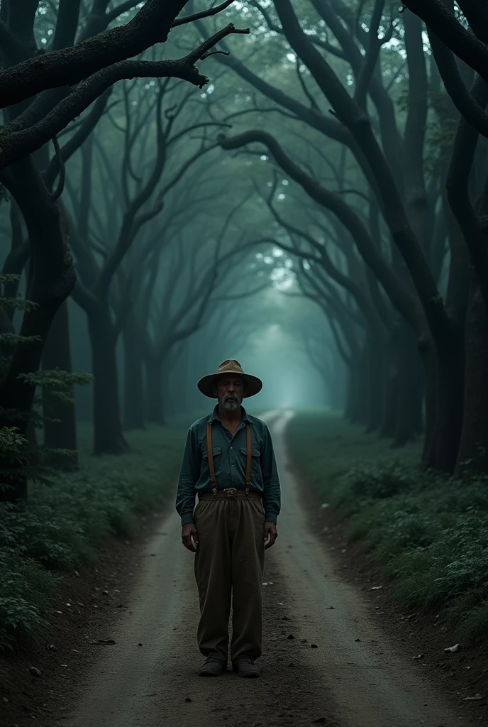 Description: "A dirt road in the middle of the woods, surrounded by a deep and mysterious darkness. En el centro de la imagen, My friend João, a simple and tired man, wearing a straw hat and the clothes of a rural worker, walks alone, holding a hoe. The atmosphere around him is tense, with tall, shadowy trees that seem to watch João as he walks."