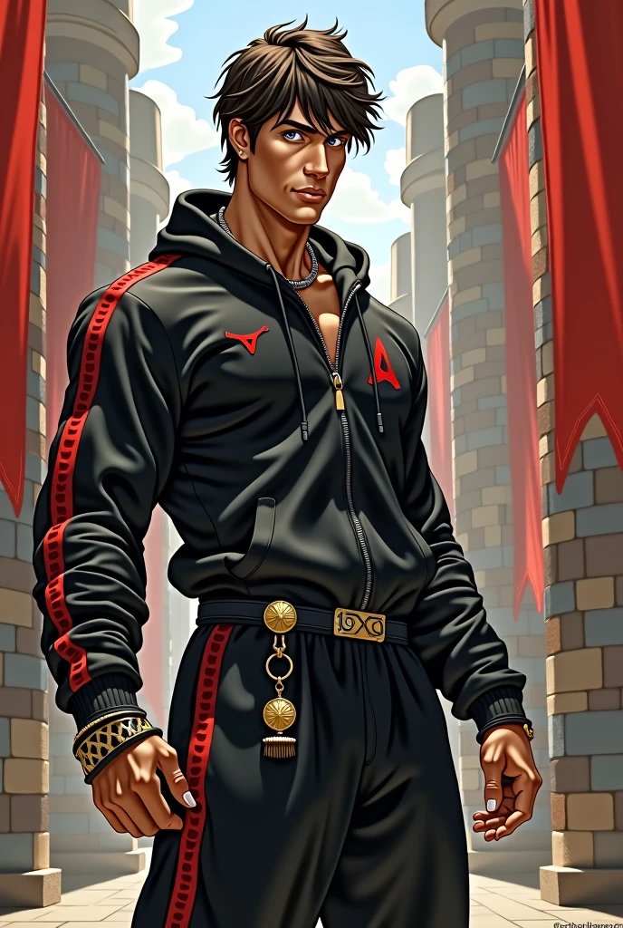 a knight wearing Palm Angel clothing for going to the gym extending his arm with a medallion hanging from it,medieval style drawing ode
