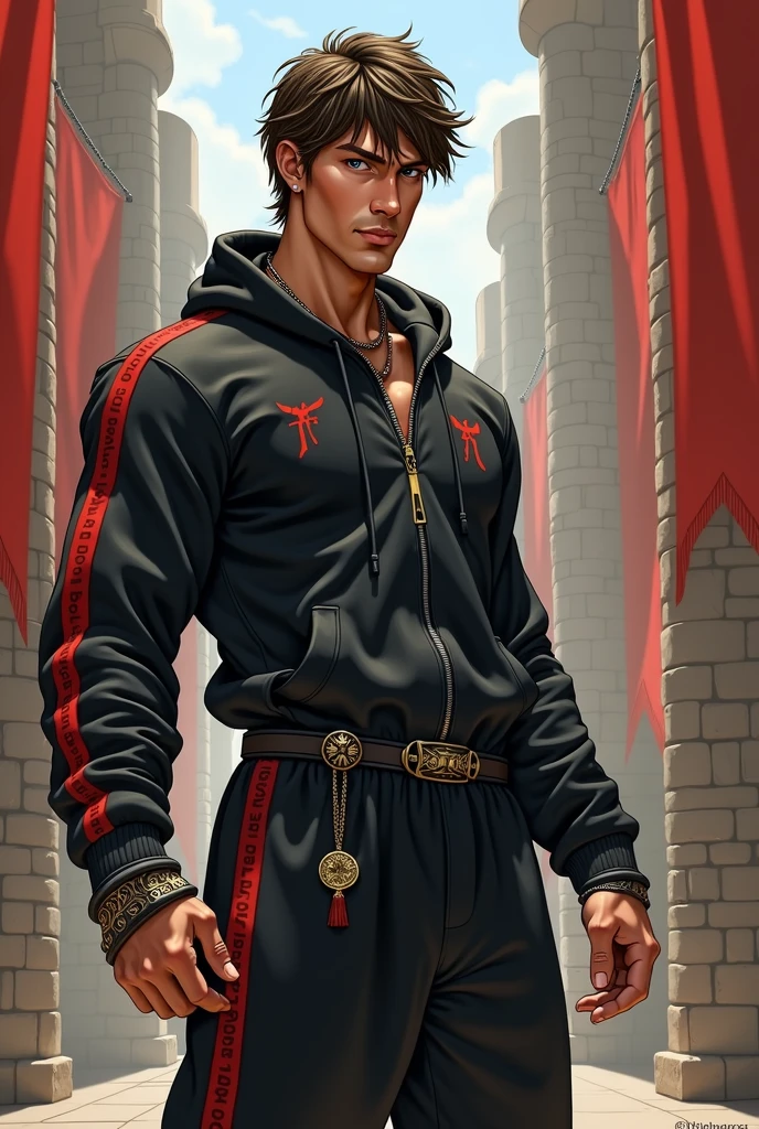 a knight wearing Palm Angel clothing for going to the gym extending his arm with a medallion hanging from it,medieval style drawing ode