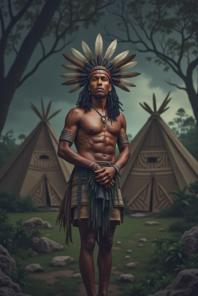 Man masterpiece, best quality, ultra-detailed, best shadow),(western style:0.5), (realistic:1.2), analog style, (fibonacci), (detailed background, native american, tupi, tents, tribe, Amazon, looking at,whole body