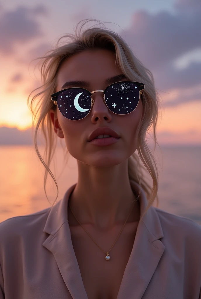The model is wearing glass sunglasses with stars and the moon on the glass