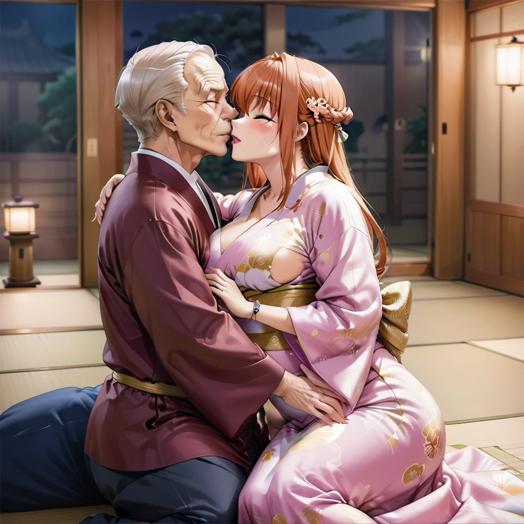 ((Highest quality)), ((masterpiece)), (detailed), （Perfect Face）、The pregnant woman is Maya Cordelia, with medium-long orange hair, a gorgeous and glittering kimono, her hair tied in a Japanese style, and an engagement ring.、The woman is lying next to an elderly man on the futon in the tatami room at night.、The woman is hugging and kissing an elderly man, looking happy and in love、The old man is wearing an engagement ring