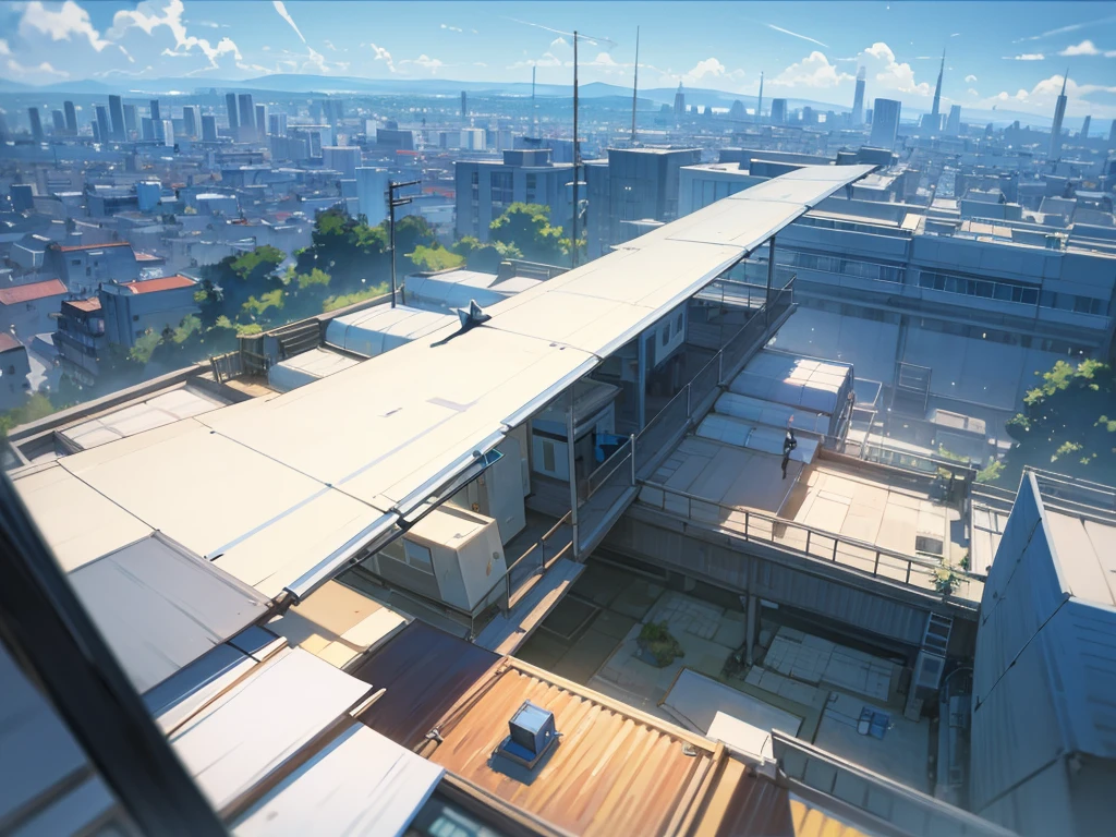Flat painting, hand-painted background, Makoto Shinkai's sky, blue, with a studio and city below, drone, airplane, large background generated from a rooftop perspective.