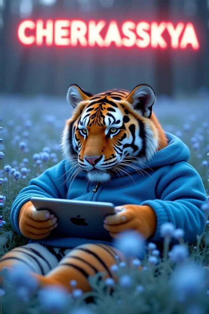 A fluffy tiger in a blue sweater against a background of delicate flowers with a blue tint and neon letters comments CHERKASSKAYA very gentle photo realism Tiger holding an iPad