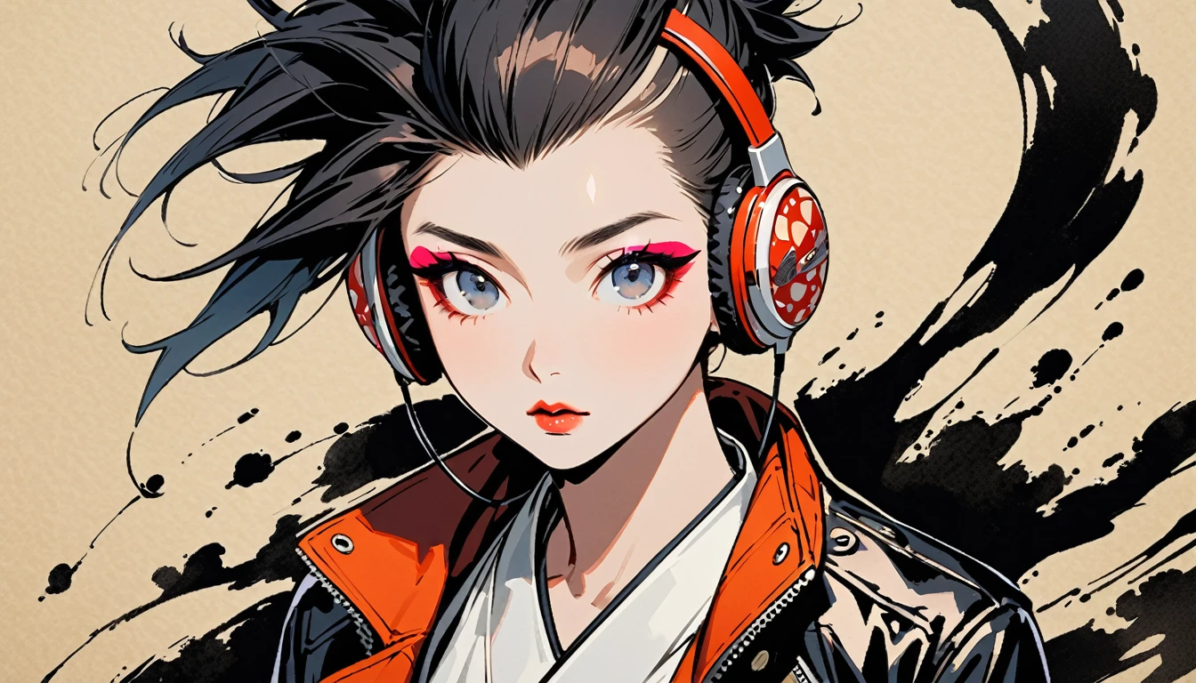 (((Ink Painting))), (((from above))), (((1 female))), (((Leather jacket with Japanese patterns))), (((Mohawk))), (((Very flashy makeup))), Japanese style headphones, face close-up, front view, Japan人の美少女, Black Hair, Delicate and precise, Modern ukiyo-e style,Japan, Droopy eyes, round face, Glare, Fuller lips, vivid color