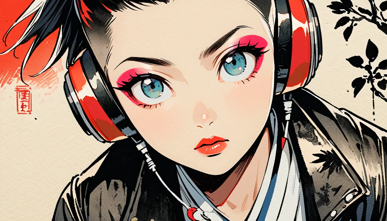 (((Ink Painting))), (((from above))), (((1 female))), (((Leather jacket with Japanese patterns))), (((Mohawk))), (((Very flashy makeup))), Japanese style headphones, face close-up, front view, Japan人の美少女, Black Hair, Delicate and precise, Modern ukiyo-e style,Japan, Droopy eyes, round face, Glare, Fuller lips, vivid color