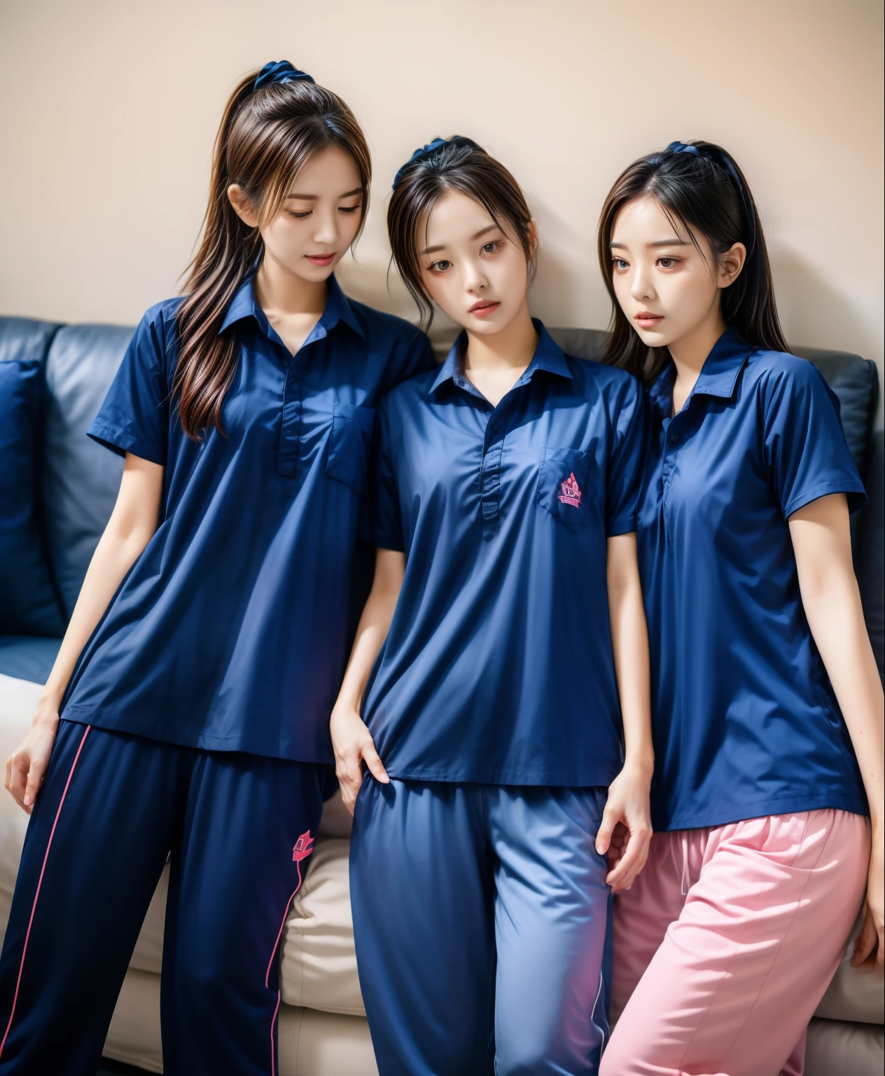 3 girls lie about on sofa living room, Navy blue short-sleeved shirt,Navy Long Trackpant,Sweatpants, Sweatpantsขายาว,25 year old girl, lesbian, sexy, exercise clothes, wet body, exercise clothes