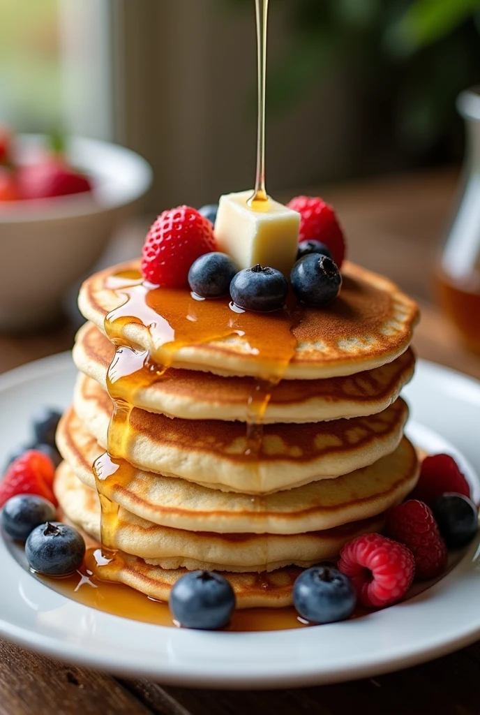 Pancakes on a plate with berries on top and honey 