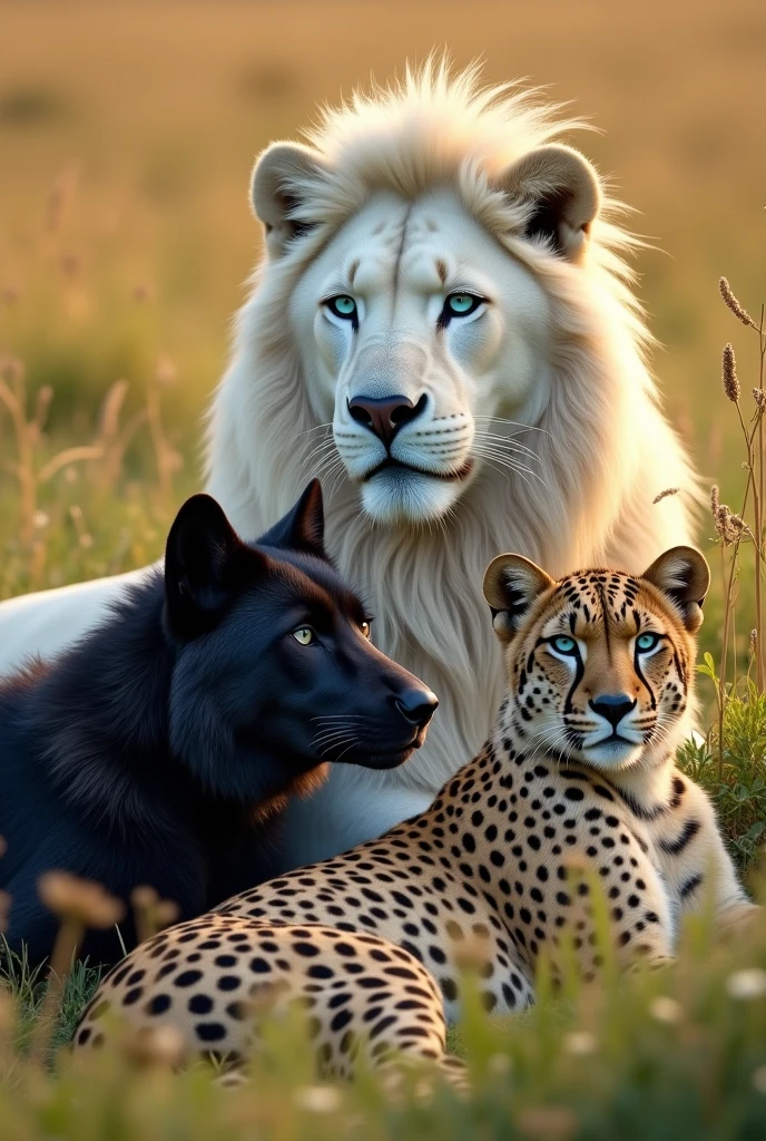 white lion with blue eyes, blue-eyed jaguar, black wolf with blue eyes, and aquamarine-eyed cheetah, all four lying together 