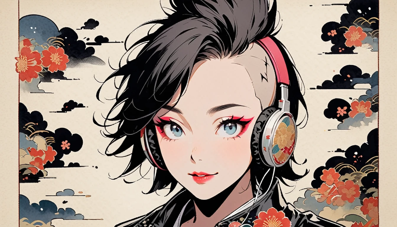 (((Ink Painting))), (((from above))), (((1 female))), (((Leather jacket with Japanese patterns))), (((Mohawk))), (((Very flashy makeup))), Japanese style headphones, devil, face close-up, front view, Japan人の美少女, Black Hair, Delicate and precise, Modern ukiyo-e style,Japan, Droopy eyes, round face, smile, Fuller lips, vivid color