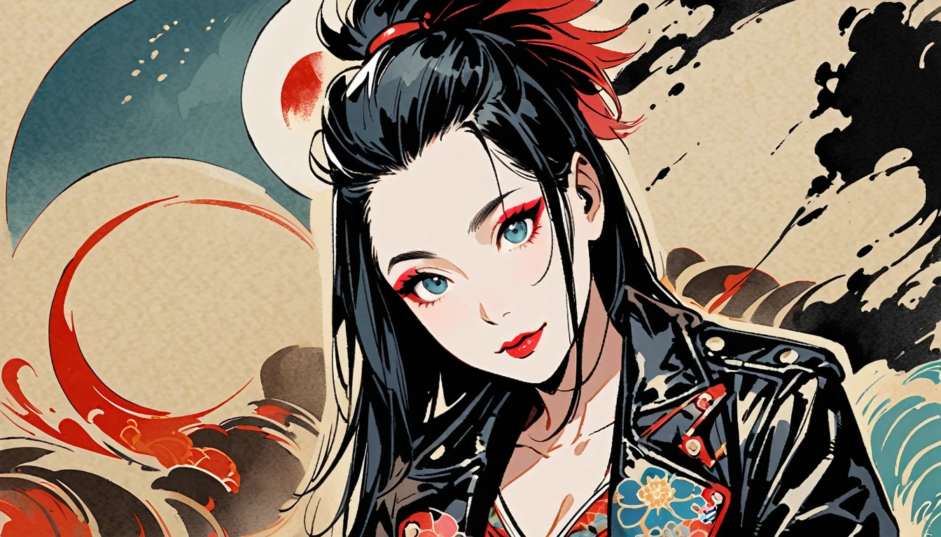 (((Ink Painting))), (((from above))), (((1 female))), (((Leather jacket with Japanese patterns))), (((Mohawk))), (((Very flashy makeup))), Japanese style headphones, devil, face close-up, front view, Japan人の美少女, Black Hair, Delicate and precise, Modern ukiyo-e style,Japan, Droopy eyes, round face, smile, Fuller lips, vivid color