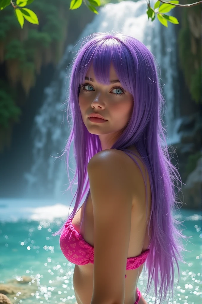 A beautiful, fair-skinned woman with long, straight, purple hair, bangs, and blue eyes. She has a small mouth and is wearing a pink bikini while taking a bath in a waterfall.