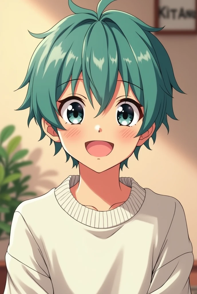 An anime young man with tea-colored hair and large eyes is looking at the camera.[[[[smile]]]], White sweatshirt，smileと輝く瞳, 大きな目と可愛いsmile, Shiny brown head, Black eyes gleaming,, Performance, Laughter,10th Generation