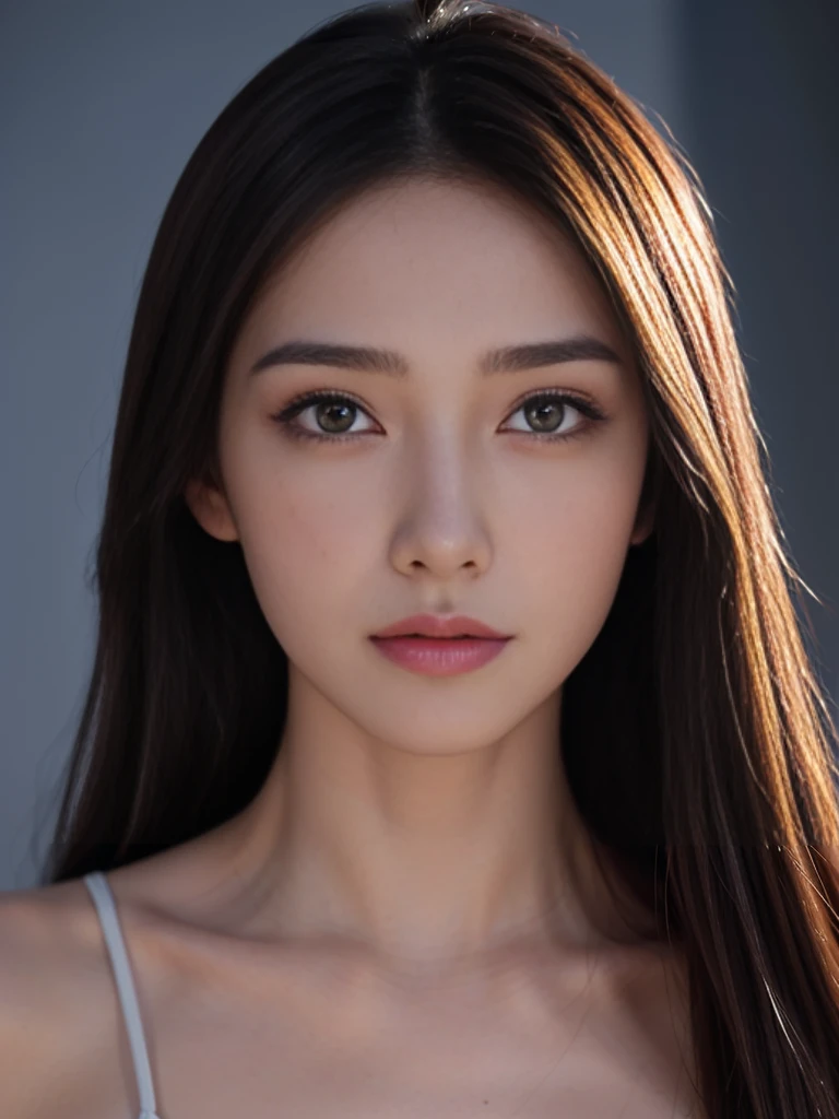 visage d'une femme de 23 ans, nez fin, beau sourcil fin, yeux en amande, peau lisse, visage ultra réaliste visage d'une femme qui pourrait existé et qui plairait à tous les mecs
