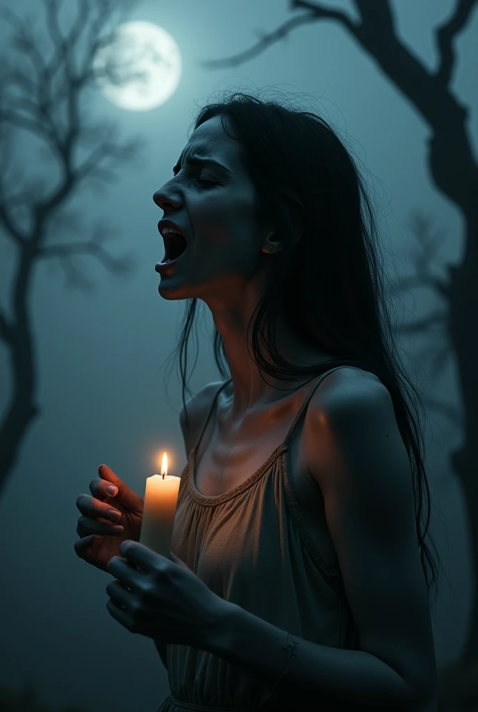 girl's ghost screaming in pain, black color, holding candle, face and hands