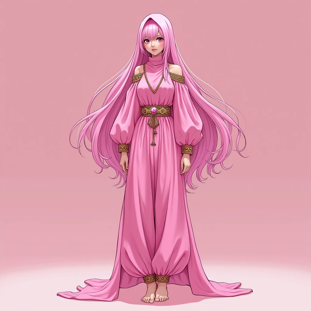 Tall Women,solo,Long pink hair, Bright pink, whole body, Standing pose, Bright pinkの衣装, Arabian Nights, Long and balloon-like wide-legged pants, Face Veil, barefoot, anime