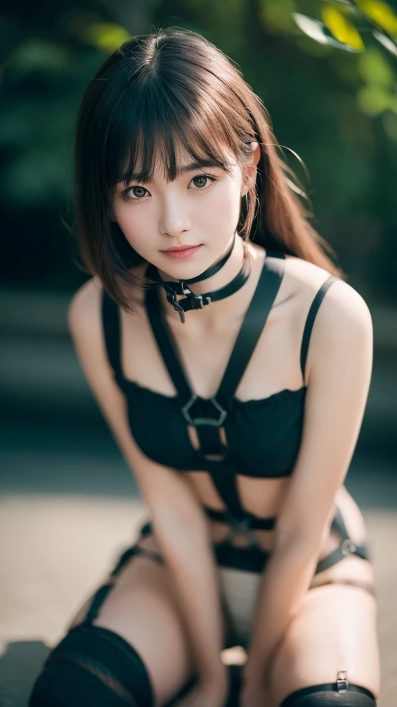 nsfw, kneel、masterpiece, Highest quality, 8k, 1 person, 20 I, smile:1.3, Ambiguous language, close, up of face, alone, cute, Like, Delicate, Pure beauty, ((As if looking down:1.3)), RAW Photos, Professional photography, Portraiture, Soft Light, Professional Lighting, Backlight, Looking forward to meeting you, Sophisticated, Film Grain, (Eye and facial details:1.0), long hair floating, ((Hands tied))、bondage, collar,beautiful, Flowing Hair, Hunchback、bangs, whole body、(BDSM:1.5),(Harness:1.5),(constrained:1.5),(Woman's hands tied:1.3),(Hanging by chains:1.5),(Restraint device:1.3),(Tied with a rope),(Tied up and unable to move),(masochism:1.5),(eroticism),(Both armpits are visible:1.5),(Place your hands behind your head:1.5),(bra、panties:1.3)