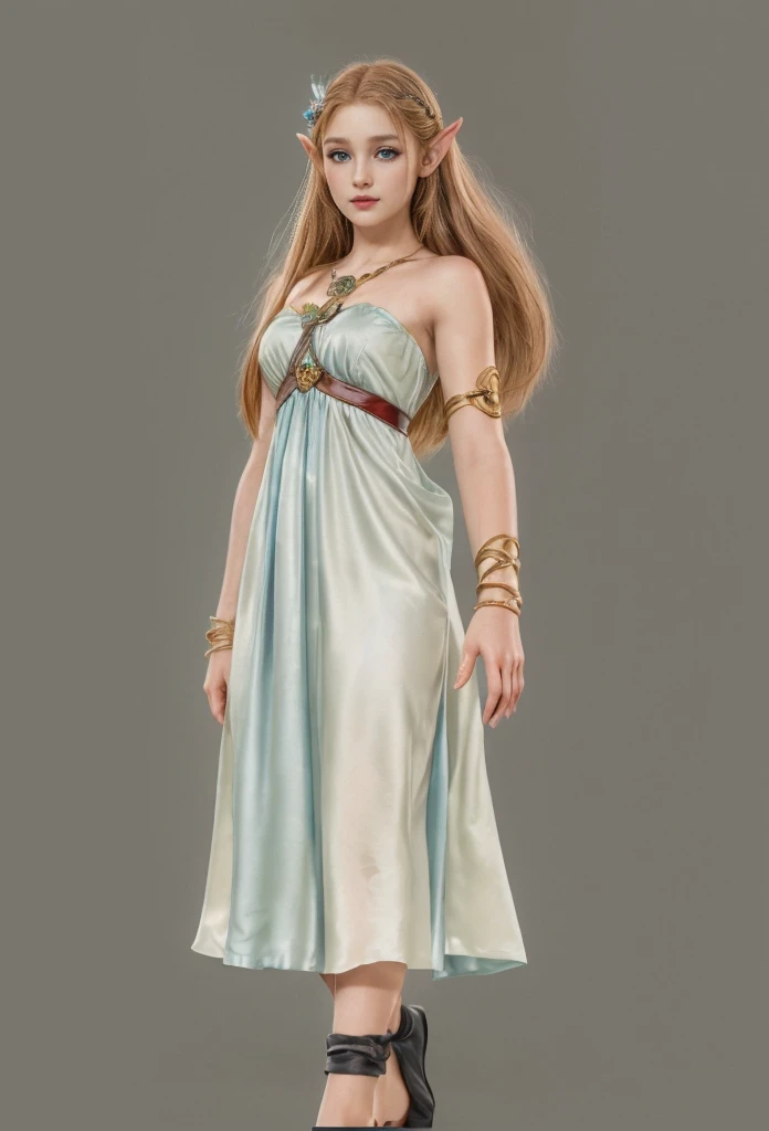 Princes Zelda, blue eyes, (best qualityer, ultra detail), (realisitic:1.37), beautiful and detailed face, ultra-realisitic texture, Exquisite face, Delicate body, red lipgloss stick, shiny colors. High definition, 8k,