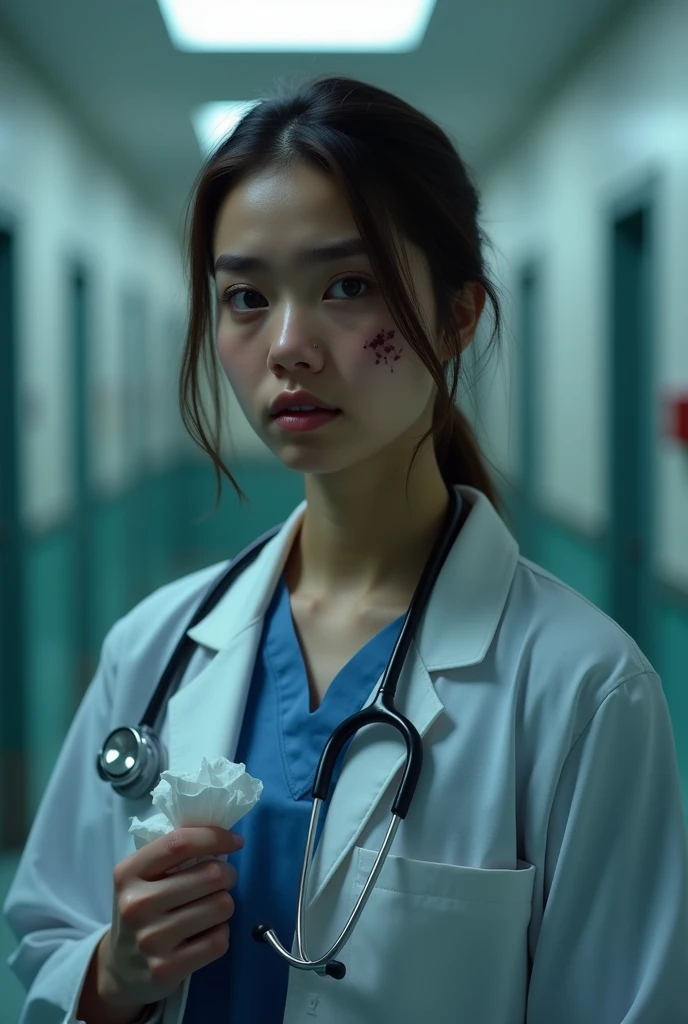 A young lady doctor with stathoscope crying with emotional face and her face is scratch se