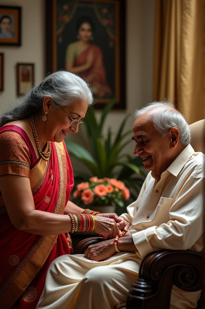An old woman tying Rakhi to her old brother