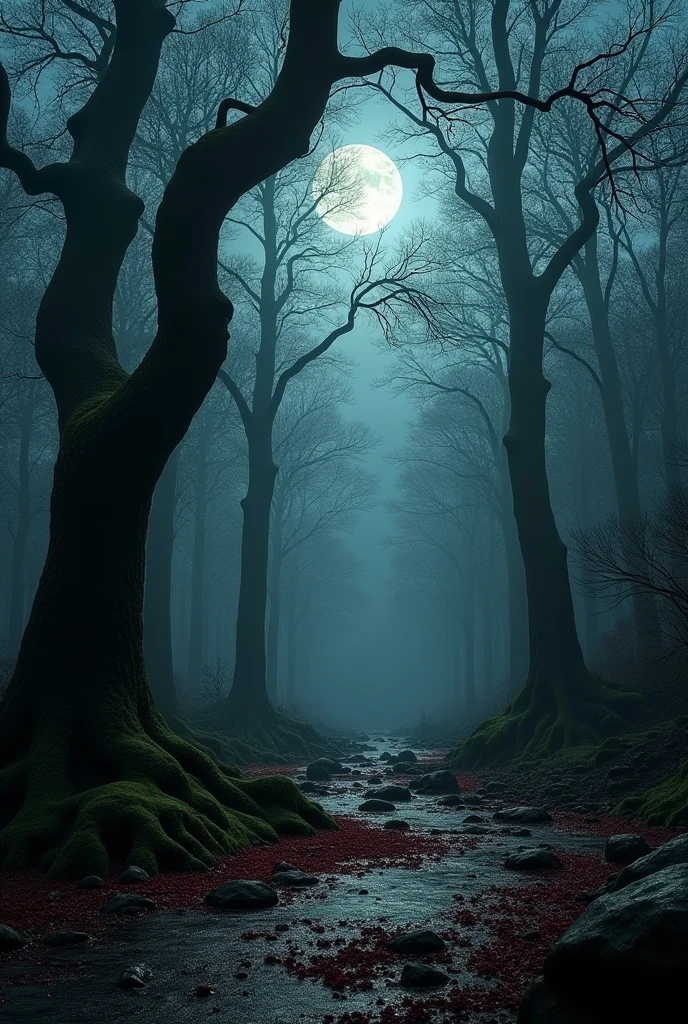 Dark dump wet forest at night with a hint of blood