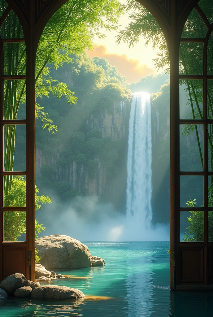 Waterfall basin bamboo Golden Cloud near Window frame Fewer rocks Fantasy null