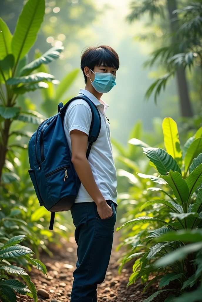 A student in the wild trying to preserve the mineral resources. He is wearing a uniform, white polo with short sleeves, a dark blue pants. He is wearing a blue backpack, he looks asian, with pale skin, black hair and a bangs. And he's a surgical mask.