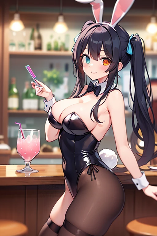 (masterpiece, top quality, detailed drawing, beautiful hair, beautiful eyes, perfect face, perfect anatomy), crowded bar, short twin tails hair, black hair, very baby face, droopy eyes, heterochromia, pink eye, orange eye, very huge breasts, height 145cm, 13 year old girl wearing big bunny ears, smiling and carrying drinks wearing big bunny ears and a max super very sexy bunny-girl outfit, smiling and serving drinks