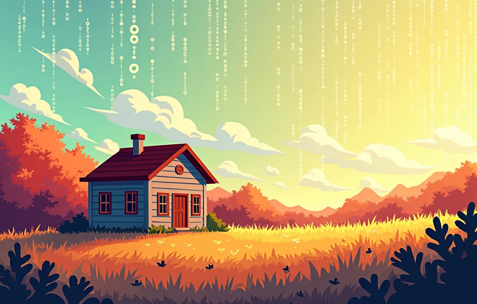 backround sunny, simple brown house, pixel art, binary data rain, pixel art