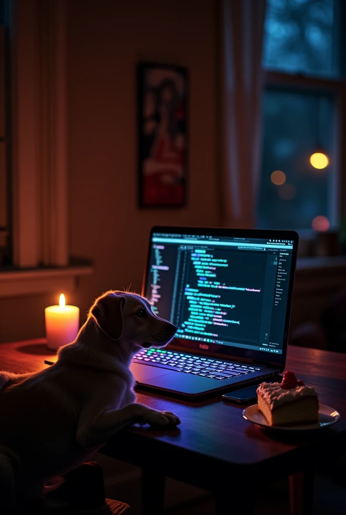 LET THE ROOM BE DARK, LET THERE BE A NICE LAPTOP ON THE TABLE IN FRONT OF ME, LET IT BE BEST ( THERE IS A SOFTWARE CODED SCREEN ON THE COMPUTER SCREEN ) THE LAPTOP KEYBOARD LIGHTS OF THE COMPUTER SHOULD BE COLORFUL IN THE BEST WAY. A SMALL SLICE OF FRESH CAKE NEXT TO THE LAPTOP AND ON TOP OF IT. LET THERE BE A CANDLE LIGHTED AND A DOG SITTING ON MY KNEE