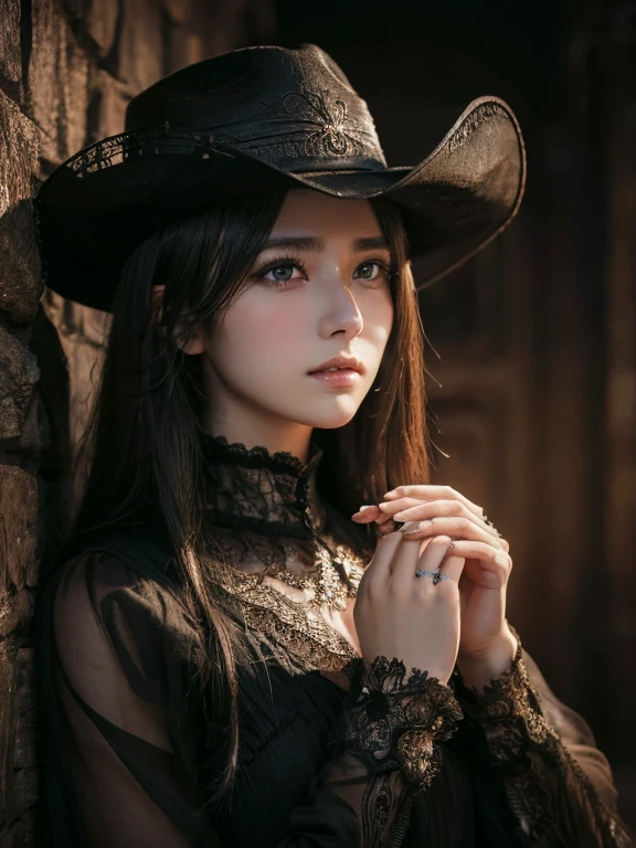 masterpiece, Highest quality, Very detailed, 8k, Ultra-high resolution, Cowboy Shot, One Girl, Detailed face, Perfect Fingers, black eye, Black Hair, Long Hair, Black dress, church, bloodborne