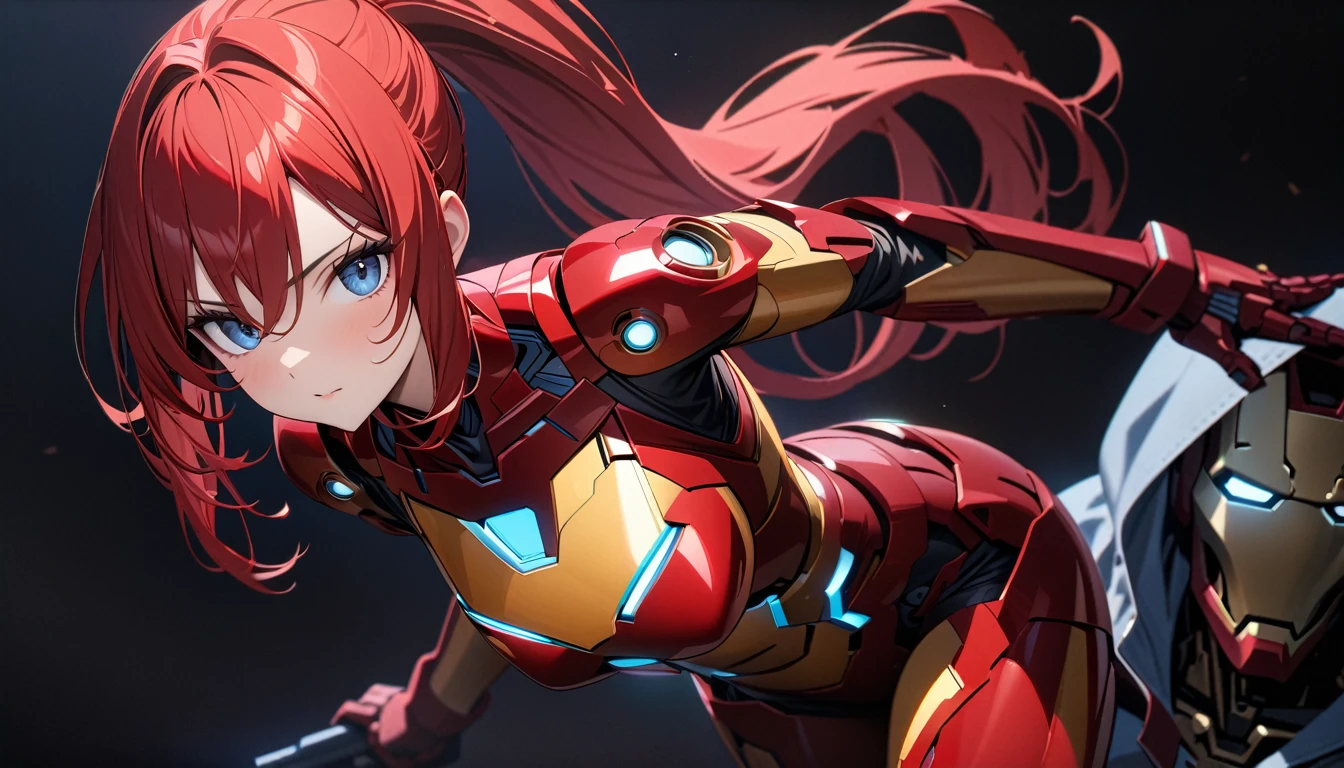 young, Long Red Hair, High Ponytail, blue eyes, Iron Man Armor, masterpiece, Highest quality, Full HD, 8k, Very detailed, Great graphics、Beautiful breasts、Iron Man in the background、Cowboy Shot、(Black background;1.5)、