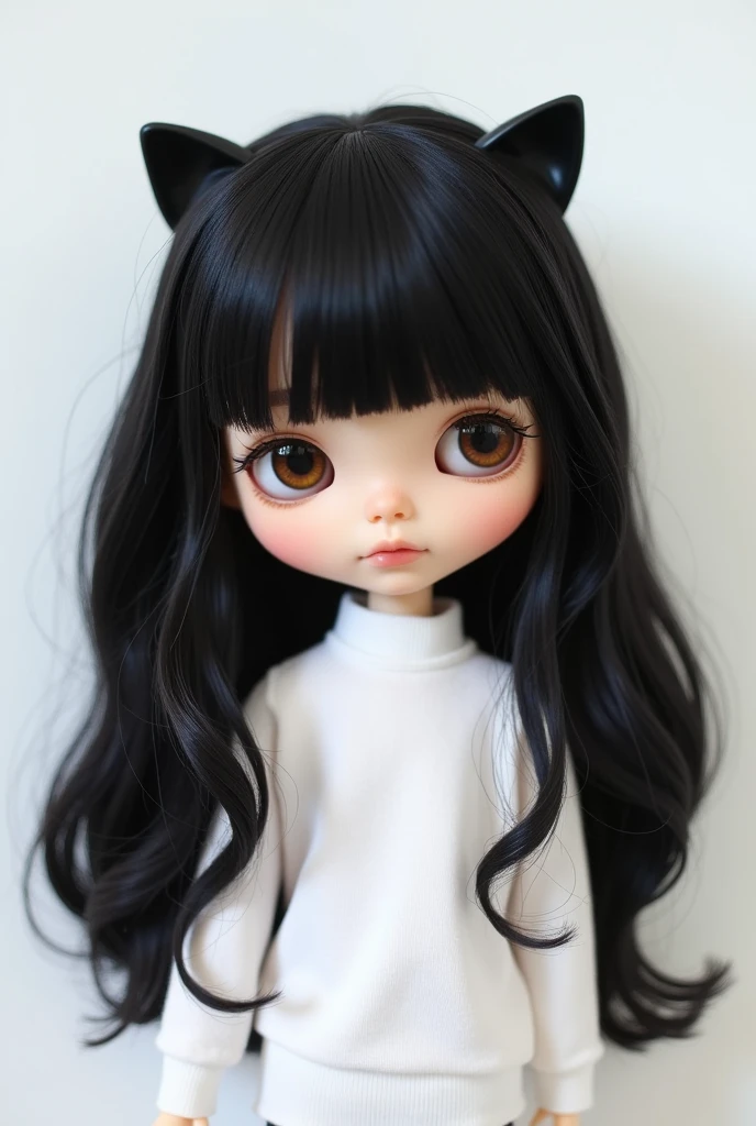 a Blythe doll with a layered black hair that DOES NOT have a bangs and DOES NOT have a cat ears. she have a small brown eyes that looks like a cat’s eyes. she’s wearing a plain white shirt with plain white background. REMOVE THE FU CKING BANGS AND THAT DAMN CAT EARS!!!! NO BANGS. SHE DOESN'T HAVE A BANGS. STOP ADDING THAT DAMN BANGS