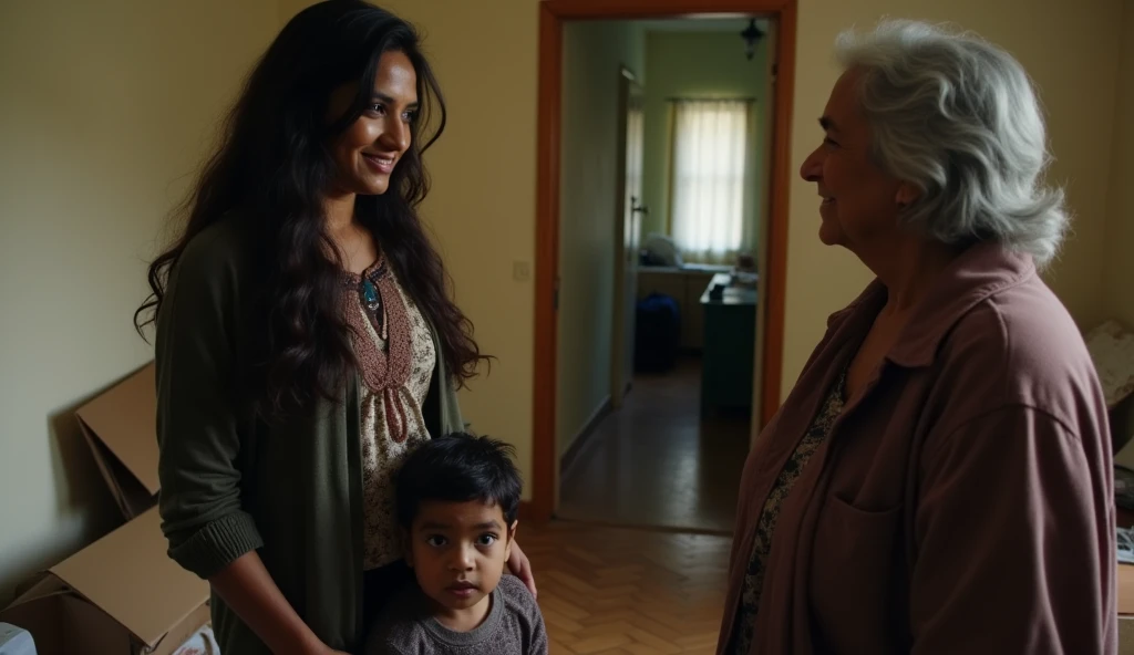 medium shot of Sunaina, a woman in her early 30s, standing protectively in front of her son. She is trying to smile politely as she speaks to the old woman, but there's a hint of unease in her eyes. The old woman, however, continues to stare at Sunny, ignoring Sunaina’s greeting. The background shows the interior of Sunaina's flat, with partially unpacked boxes and a hallway leading to other rooms.